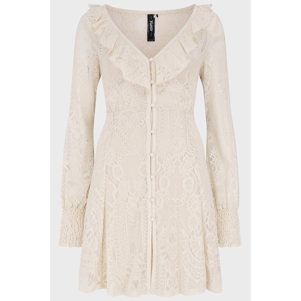 Killstar Cybele Cream Lace Ruffle V-Neck Button Front Long Sleeve Mini Dress - Picture 5 of 5